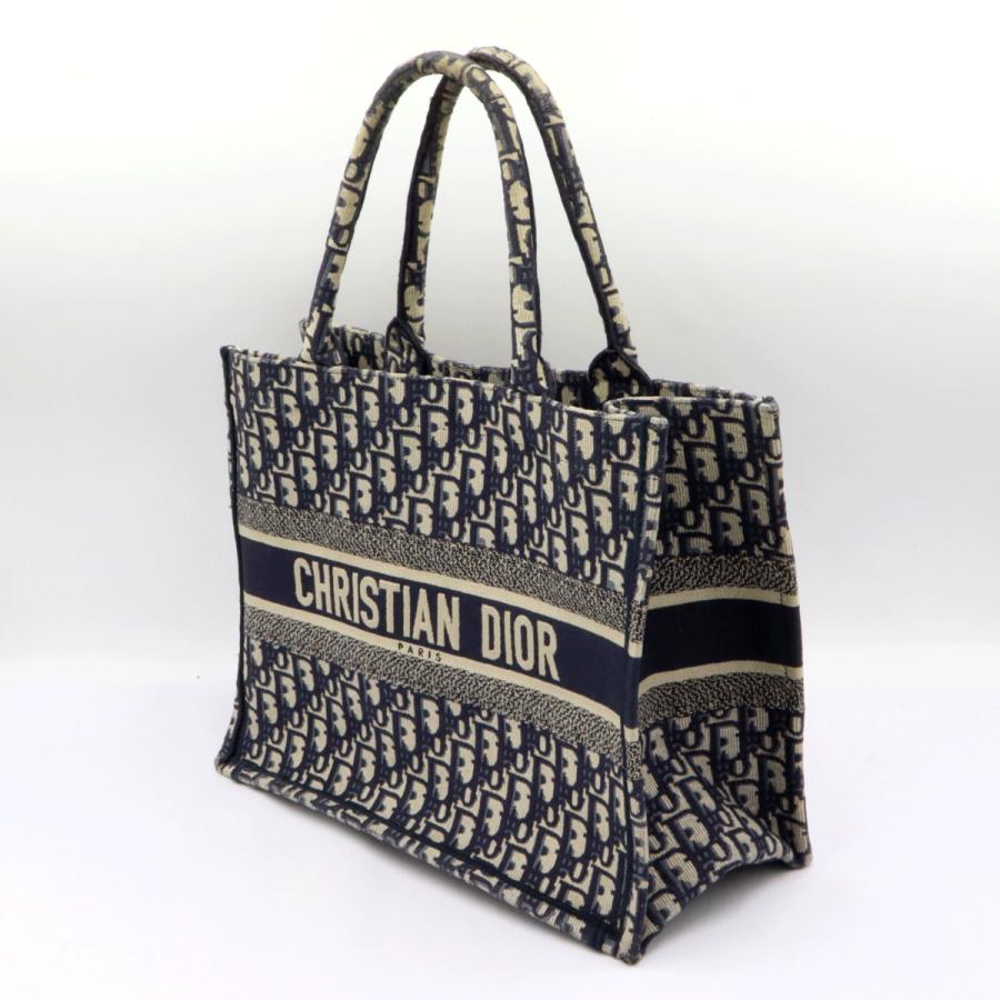 クリスチャンディオール (Christian Dior) ブッグトート　ミディアム　トートバッグ　コットン刺繍/ネイビーホワイト　レディース（中古）