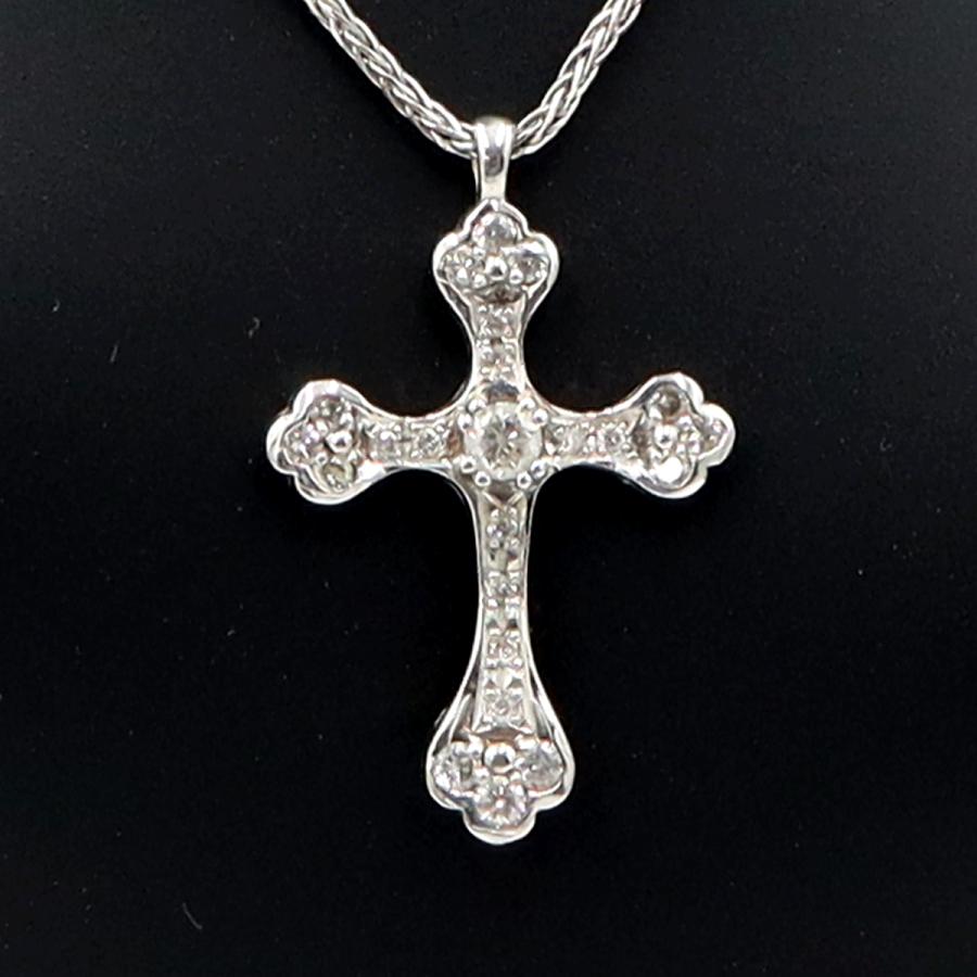 K18WGダイヤモンドクロスネックレス　D0.32ct　長さ約43cm　重量5.01ｇ(石の重量含む)　レディース（中古）