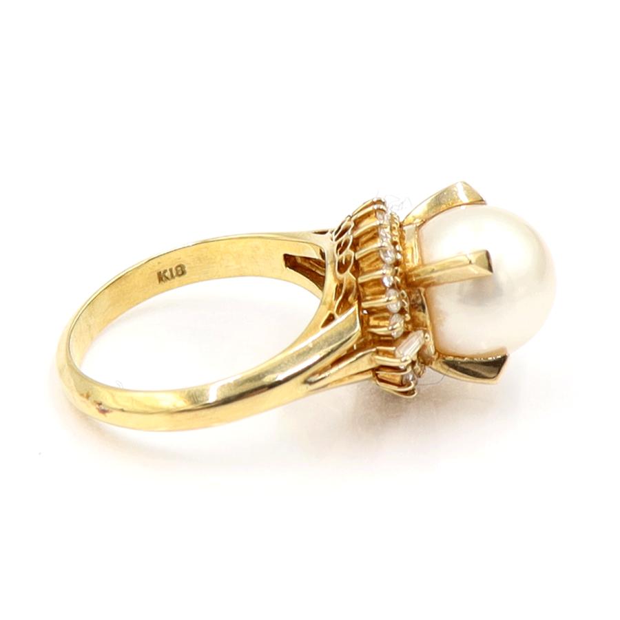 K18パールダイヤモンドリング　P9mm　D0.30ct　リングサイズ10号　重量6.25ｇ(石の重量含む)（中古）