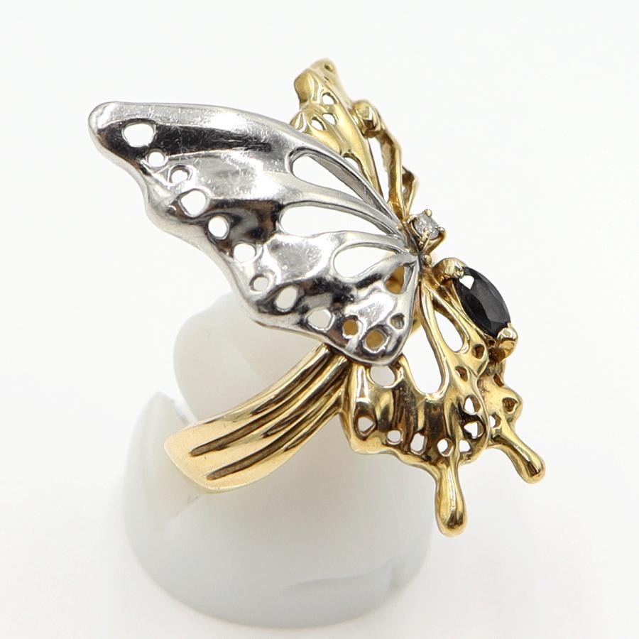 K18/Pt900サファイアリング「蝶々」 サイズ16号　重量6.97ｇ(石の重量含む)(中古)