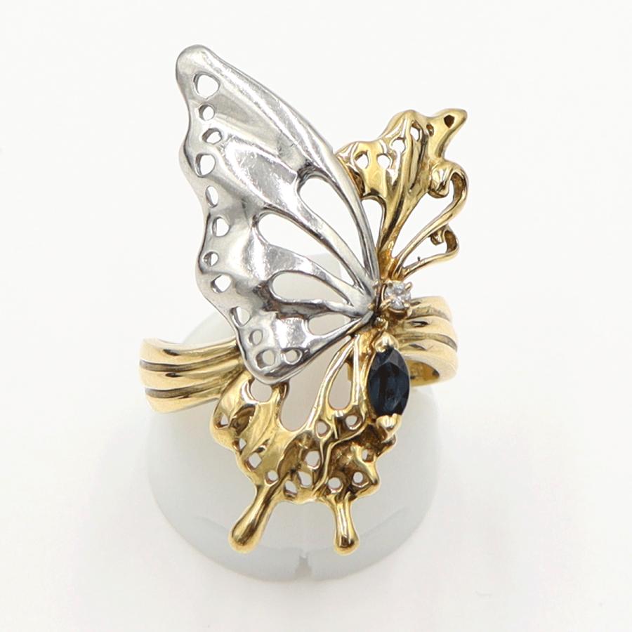 K18/Pt900サファイアリング「蝶々」 サイズ16号　重量6.97ｇ(石の重量含む)(中古)