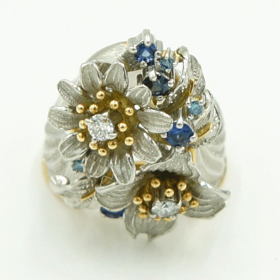 石川暢子(イシカワ ノブコ)Pt900/K18マルチ石リング　「フラワー」D0.27ct　リングサイズ13号　重量22.15ｇ(石の重量含む)　レディース（中古）