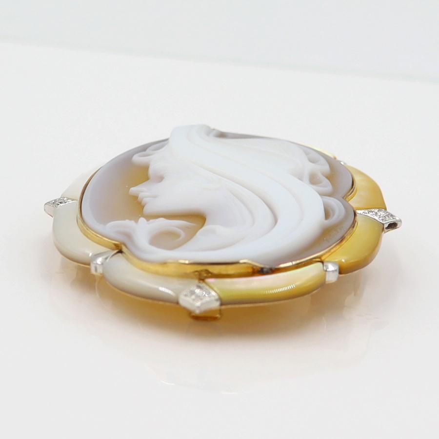 K18/Pt900メノウカメオブローチ　ポーリー作　重量23.50ｇ　ゴールド　プラチナ　レディース（中古）