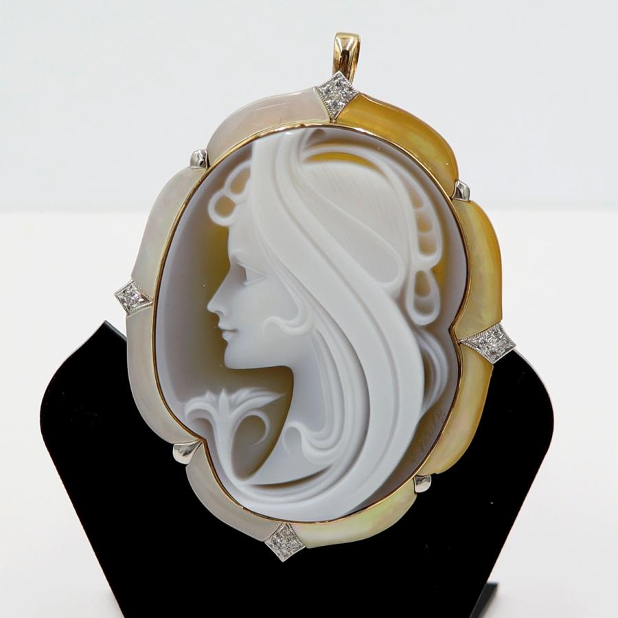 K18/Pt900メノウカメオブローチ　ポーリー作　重量23.50ｇ　ゴールド　プラチナ　レディース（中古）