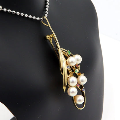 K18パールマルチ石付ブローチ　重量8.25g(石の重量含む)　エメラルド・ルビー・サファイア　レディース(中古)