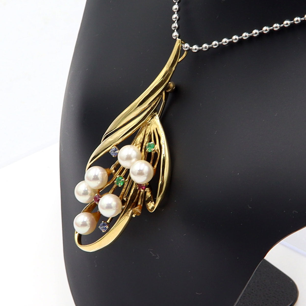 K18パールマルチ石付ブローチ　重量8.25g(石の重量含む)　エメラルド・ルビー・サファイア　レディース(中古)