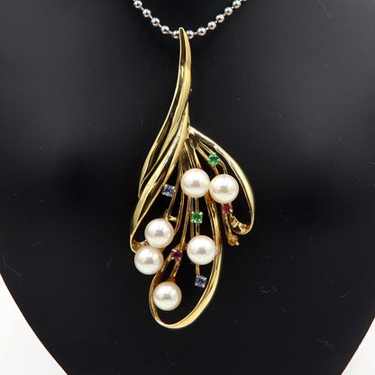 K18パールマルチ石付ブローチ　重量8.25g(石の重量含む)　エメラルド・ルビー・サファイア　レディース(中古)