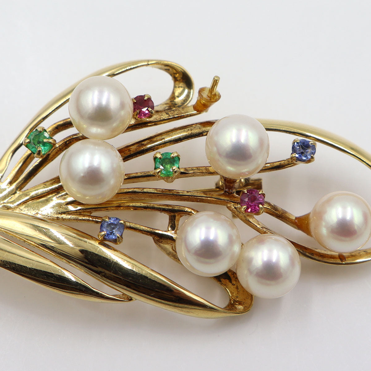 K18パールマルチ石付ブローチ　重量8.25g(石の重量含む)　エメラルド・ルビー・サファイア　レディース(中古)