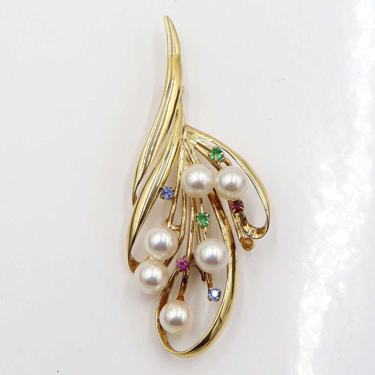 K18パールマルチ石付ブローチ　重量8.25g(石の重量含む)　エメラルド・ルビー・サファイア　レディース(中古)