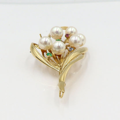 K18パールマルチ石付ブローチ　重量8.25g(石の重量含む)　エメラルド・ルビー・サファイア　レディース(中古)