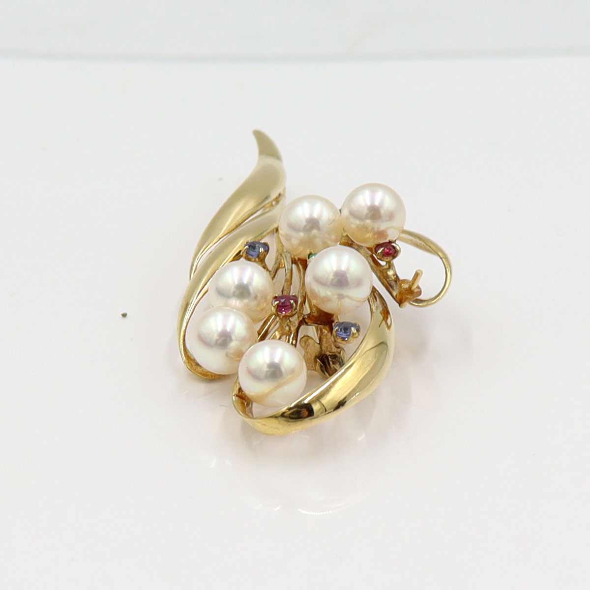 K18パールマルチ石付ブローチ　重量8.25g(石の重量含む)　エメラルド・ルビー・サファイア　レディース(中古)