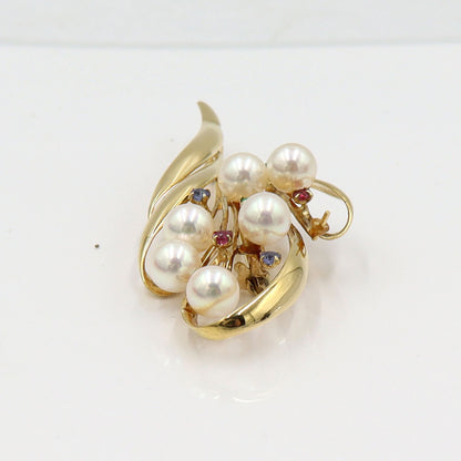 K18パールマルチ石付ブローチ　重量8.25g(石の重量含む)　エメラルド・ルビー・サファイア　レディース(中古)