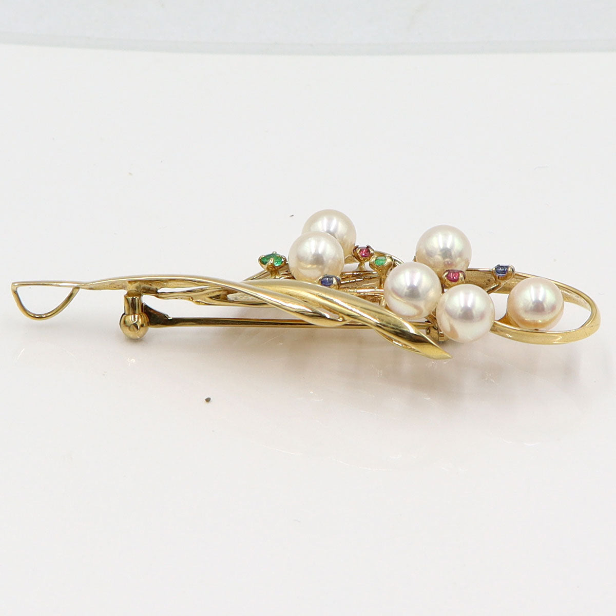 K18パールマルチ石付ブローチ　重量8.25g(石の重量含む)　エメラルド・ルビー・サファイア　レディース(中古)